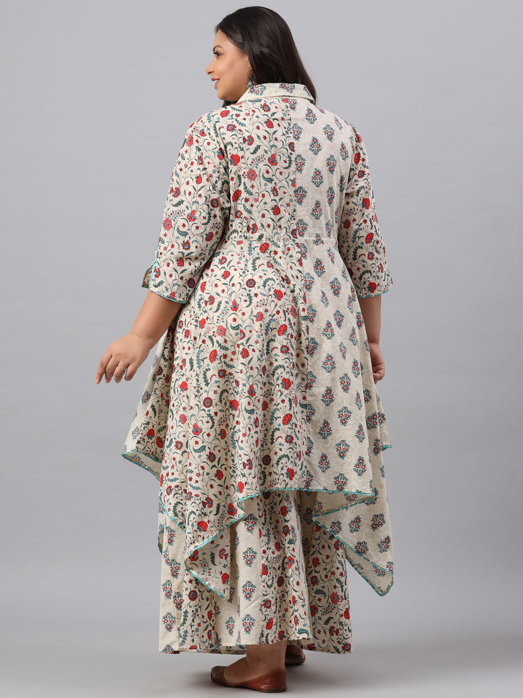 Beige Cambric Fusion Wear Printed Asymmetric Kurta Sets