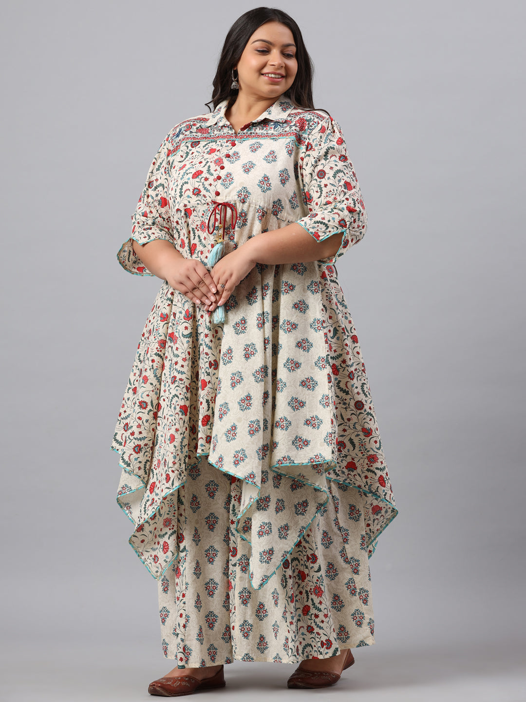 Beige Cambric Fusion Wear Printed Asymmetric Kurta Sets