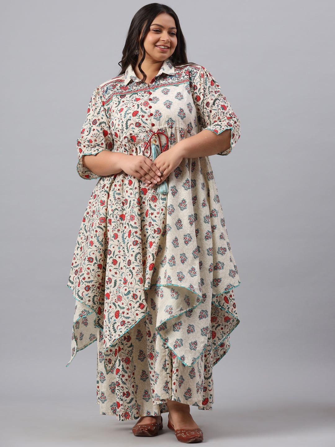 Beige Cambric Fusion Wear Printed Asymmetric Kurta Sets