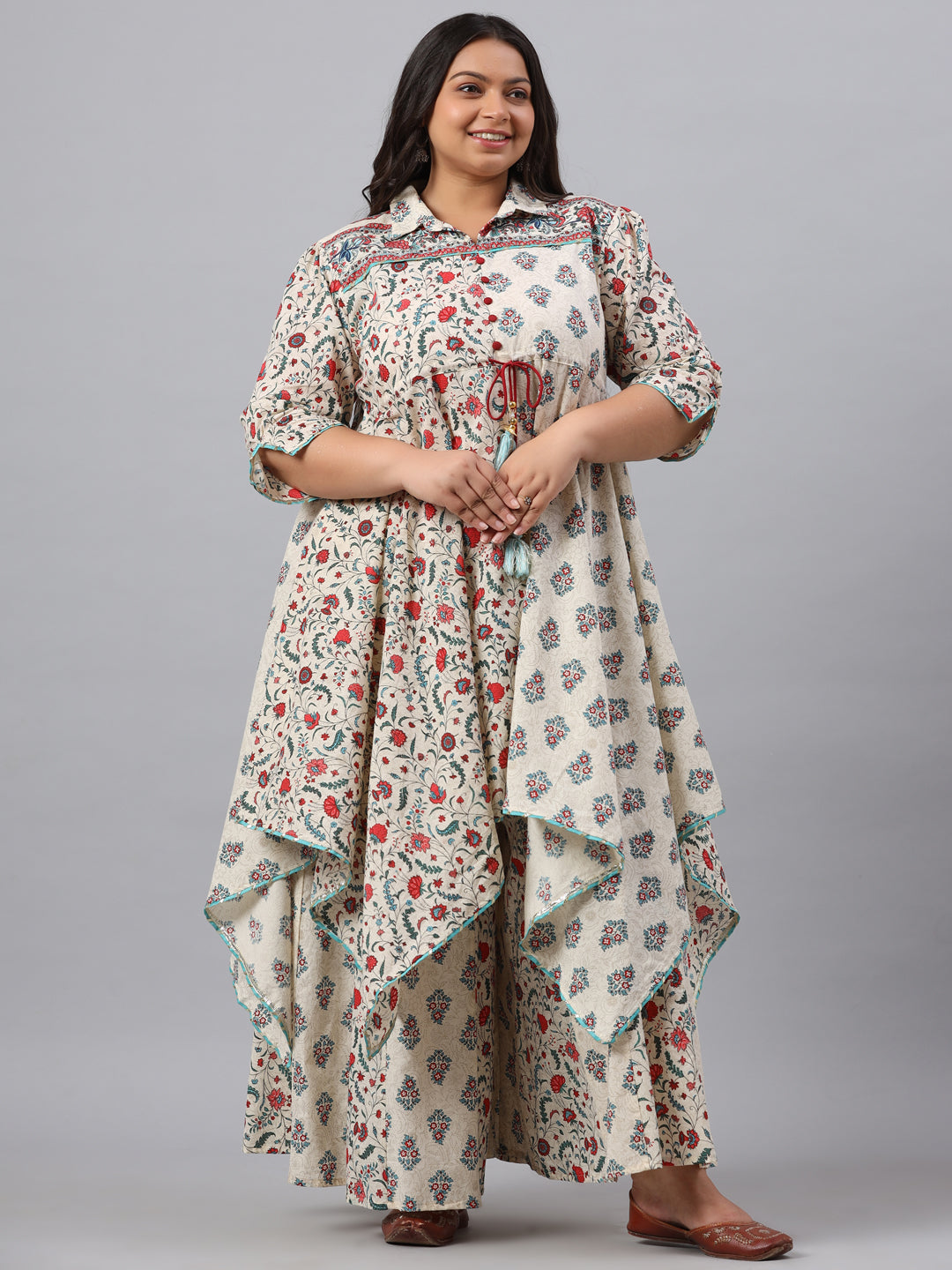 Beige Cambric Fusion Wear Printed Asymmetric Kurta Sets