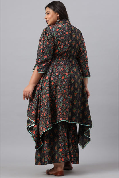 Black Cambric Festive Wear Printed Asymmetric Clothing Set