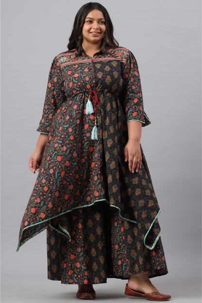 Black Cambric Festive Wear Printed Asymmetric Clothing Set