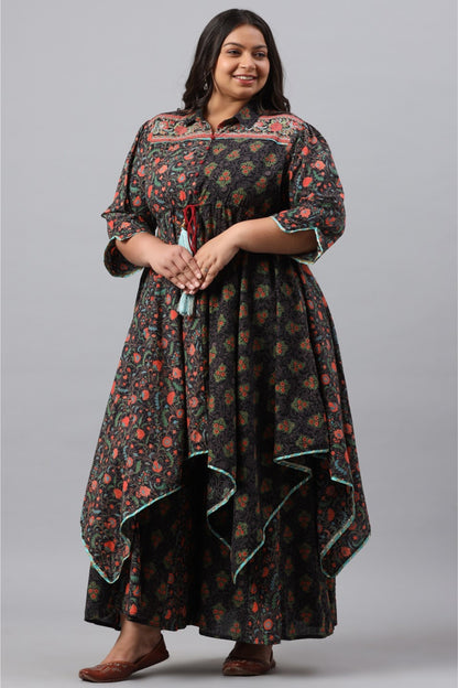 Black Cambric Festive Wear Printed Asymmetric Clothing Set