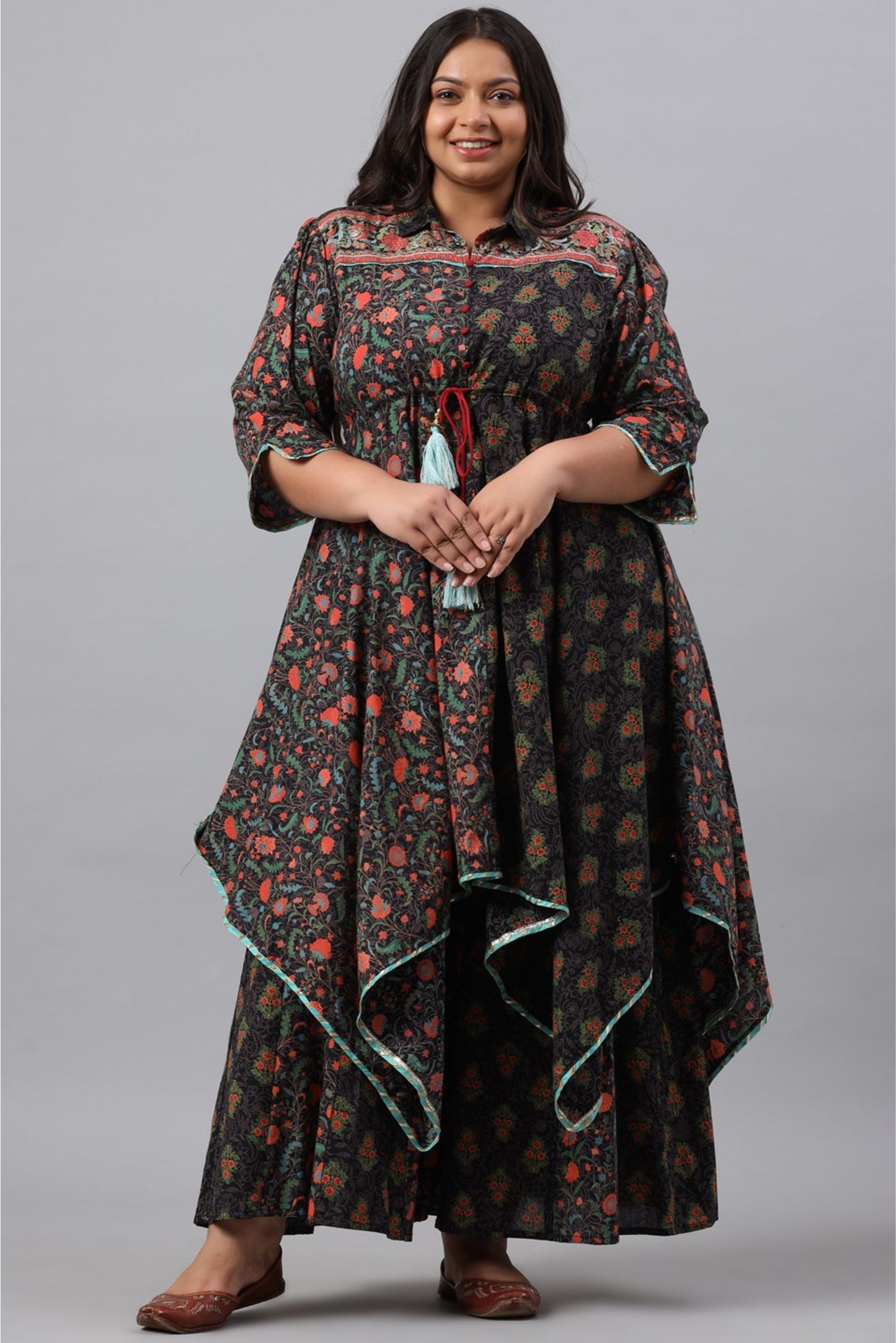 Black Cambric Festive Wear Printed Asymmetric Clothing Set
