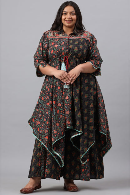 Black Cambric Festive Wear Printed Asymmetric Clothing Set