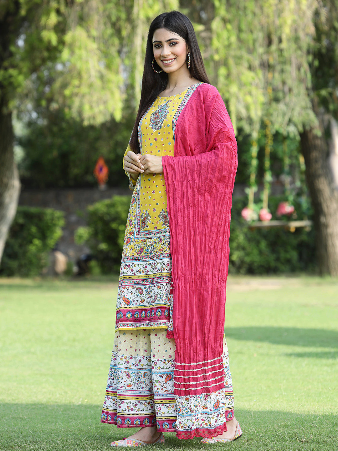 Yellow Cambric Printed Straight Kurta Sets