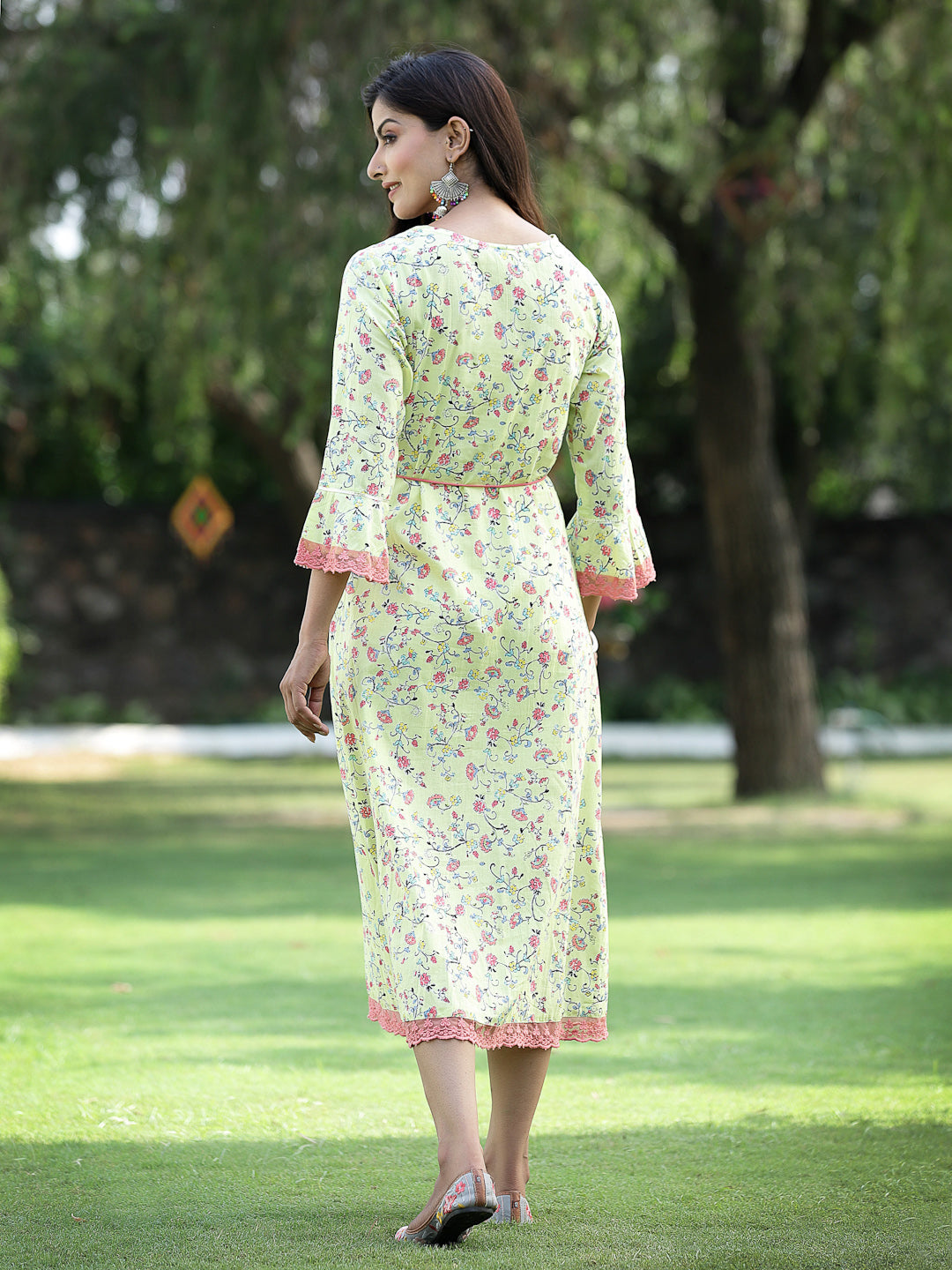 Limegreen Cambric Embroidered & Printed Jacket Style Kurta