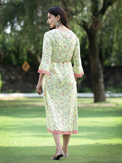 Limegreen Cambric Embroidered & Printed Jacket Style Kurta