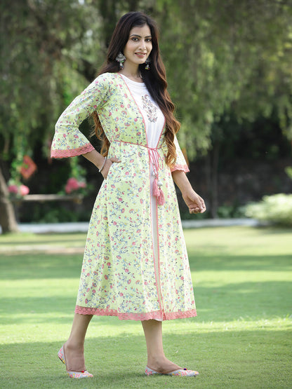 Limegreen Cambric Embroidered & Printed Jacket Style Kurta