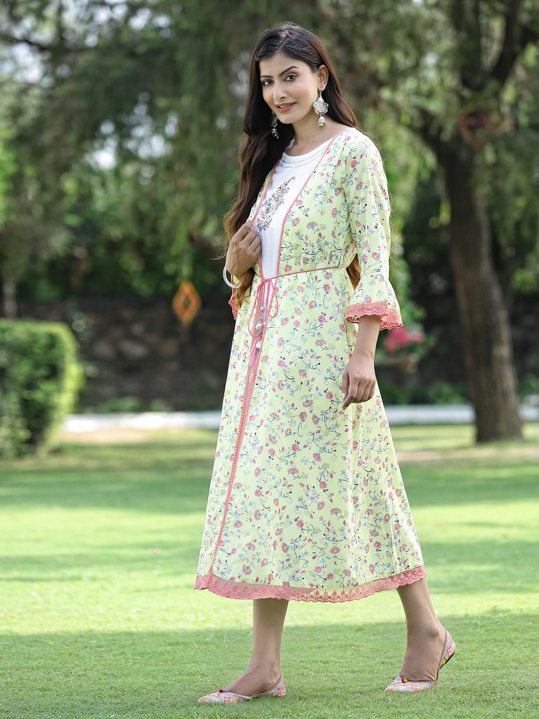 Limegreen Cambric Embroidered & Printed Jacket Style Kurta