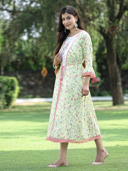 Limegreen Cambric Embroidered & Printed Jacket Style Kurta