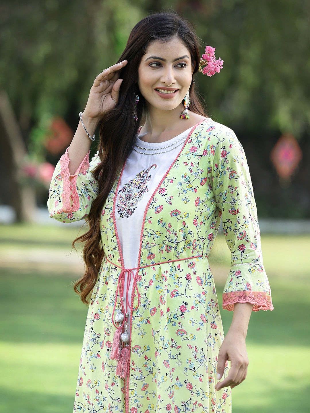 Limegreen Cambric Embroidered & Printed Jacket Style Kurta