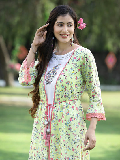 Limegreen Cambric Embroidered & Printed Jacket Style Kurta
