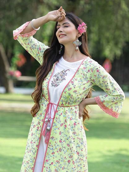 Limegreen Cambric Embroidered & Printed Jacket Style Kurta