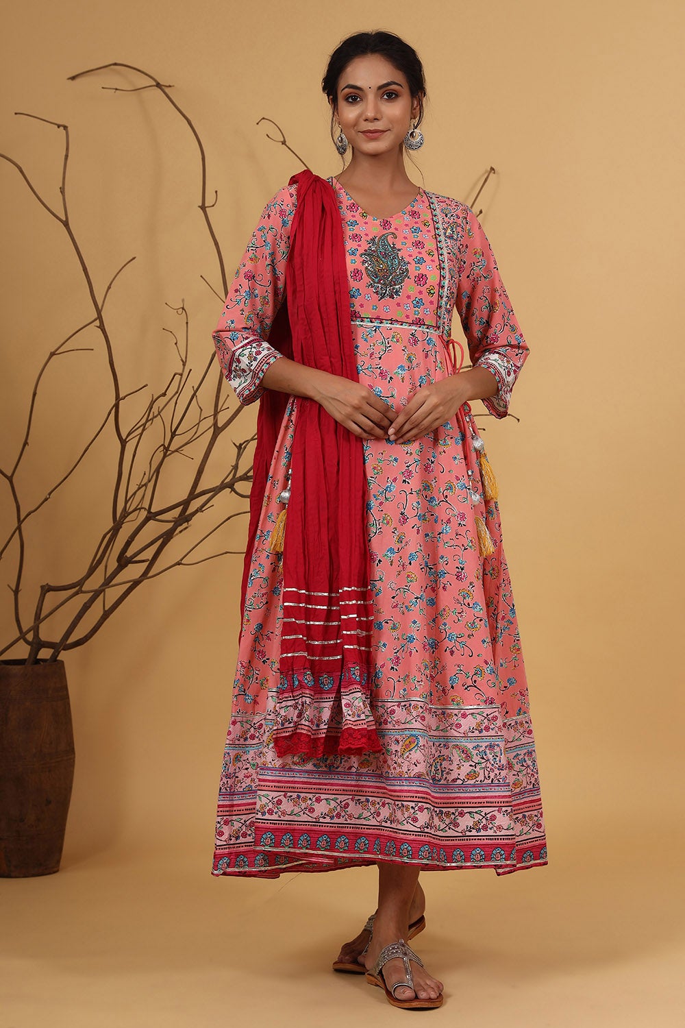 Coral Cambric Printed Anarkali Dress