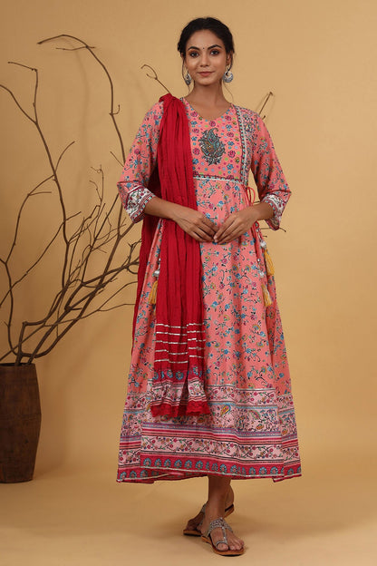 Coral Cambric Printed Anarkali Dress