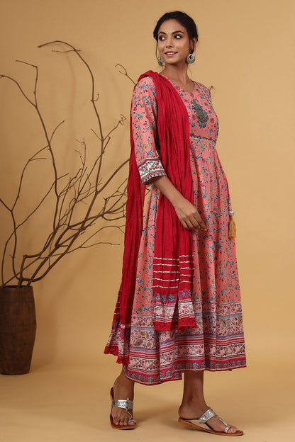 Coral Cambric Printed Anarkali Dress