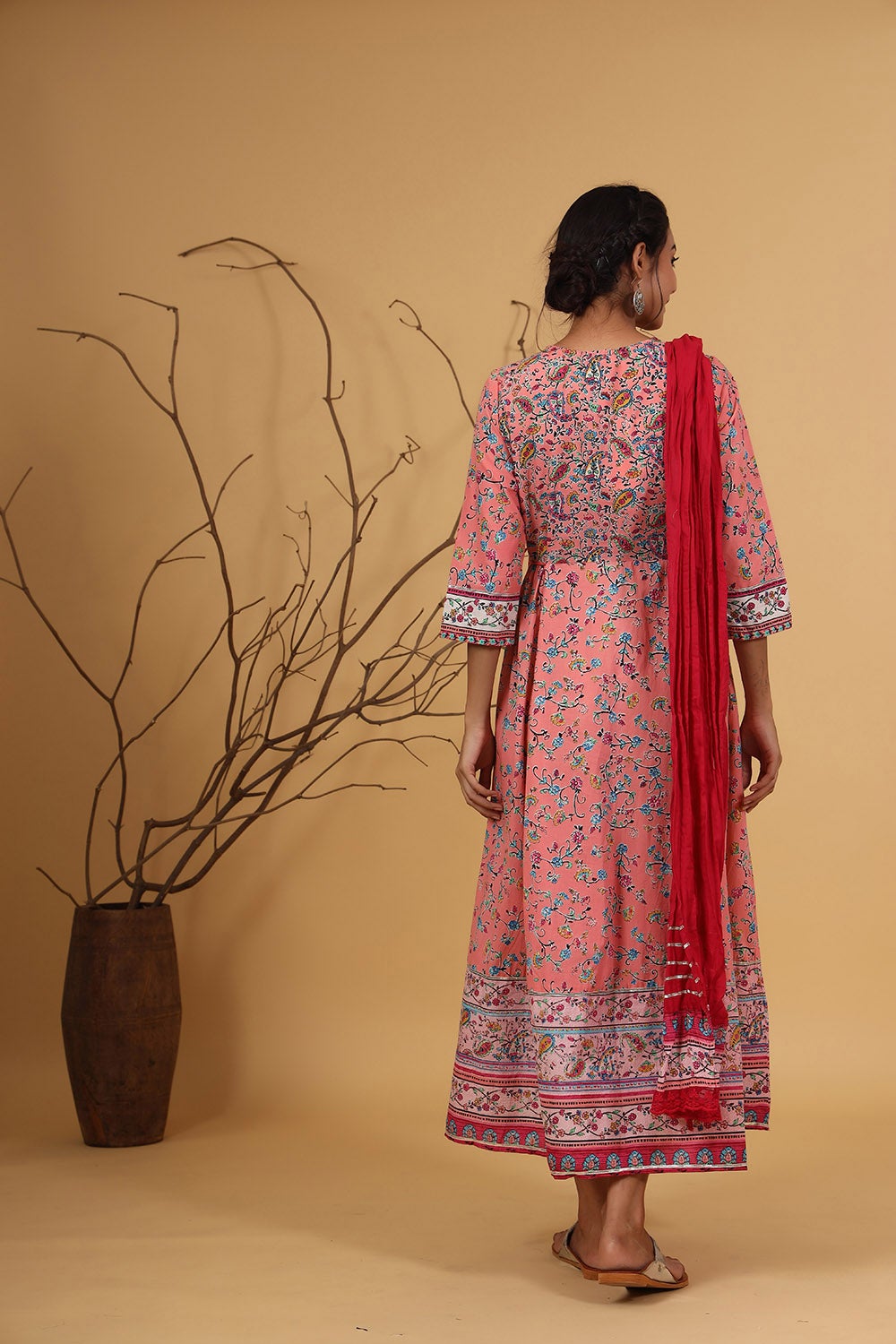 Coral Cambric Printed Anarkali Dress