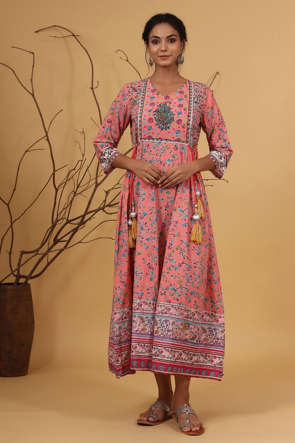 Coral Cambric Printed Anarkali Dress