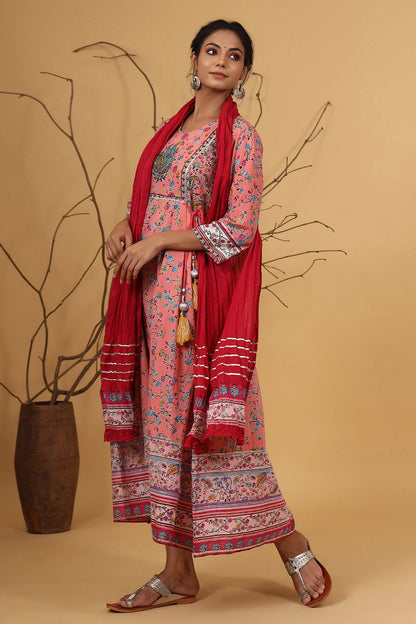 Coral Cambric Printed Anarkali Dress