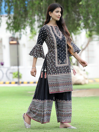 Black Cambric Printed High-Low Kurta Sets