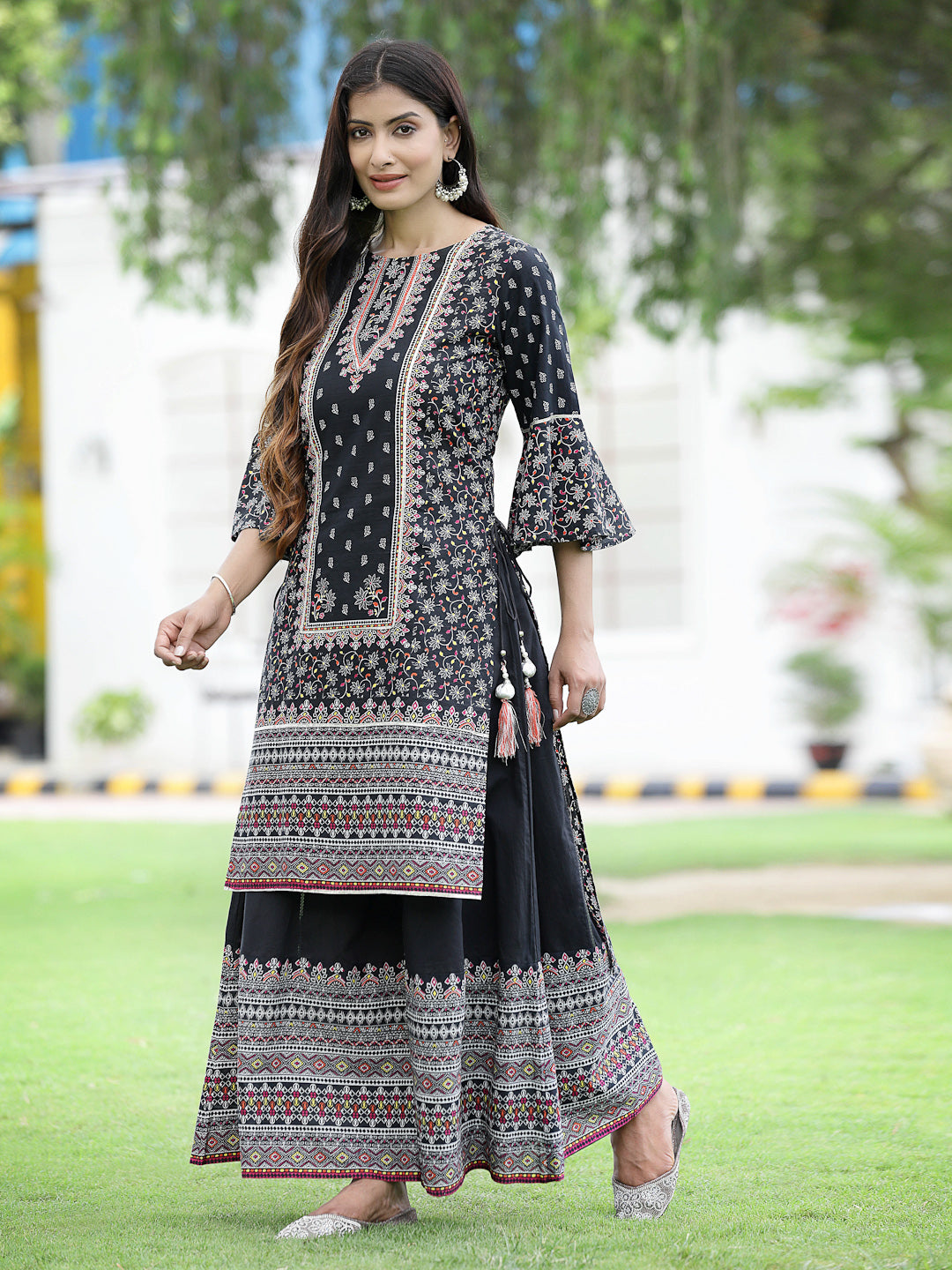 Black Cambric Printed High-Low Kurta Sets