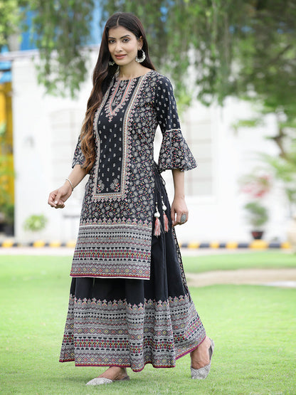 Black Cambric Printed High-Low Kurta Sets