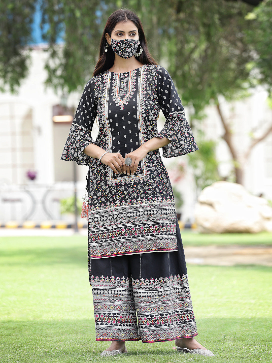 Black Cambric Printed High-Low Kurta Sets