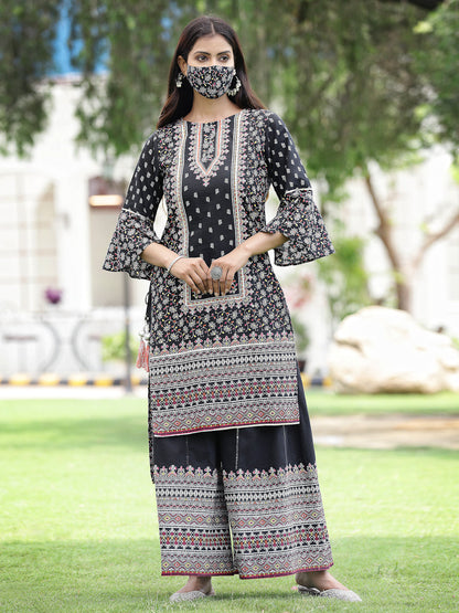 Black Cambric Printed High-Low Kurta Sets