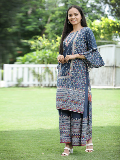 Indigo Cambric Printed High-Low Kurta Sets