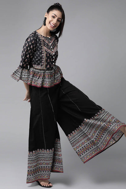 Black Cambric Printed Peplum Clothing Set