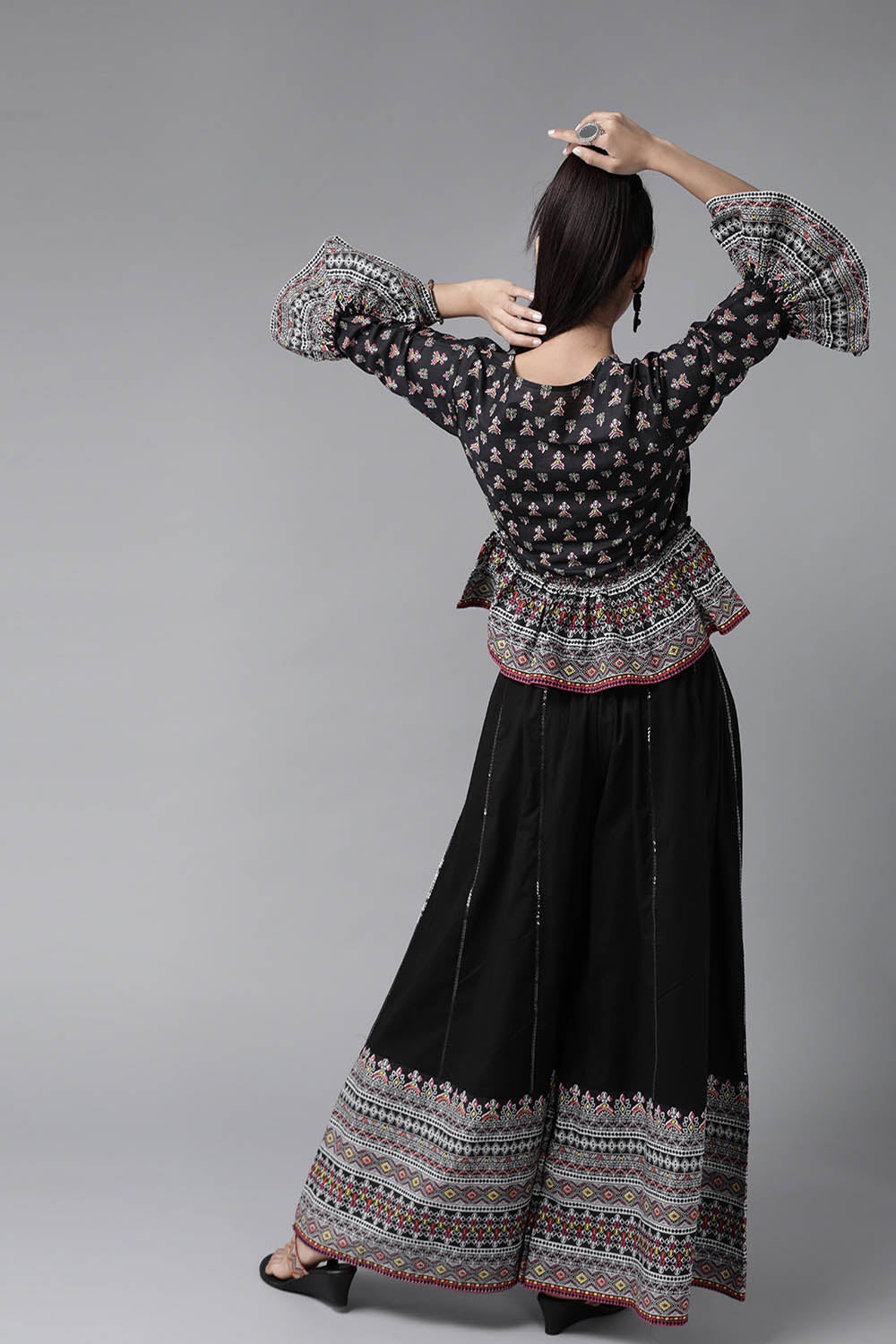 Black Cambric Printed Peplum Clothing Set