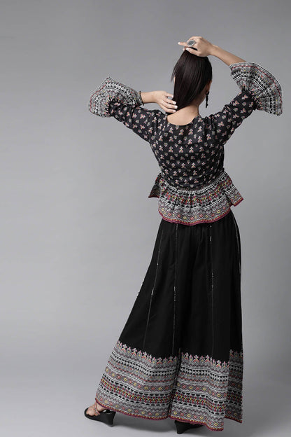 Black Cambric Printed Peplum Clothing Set