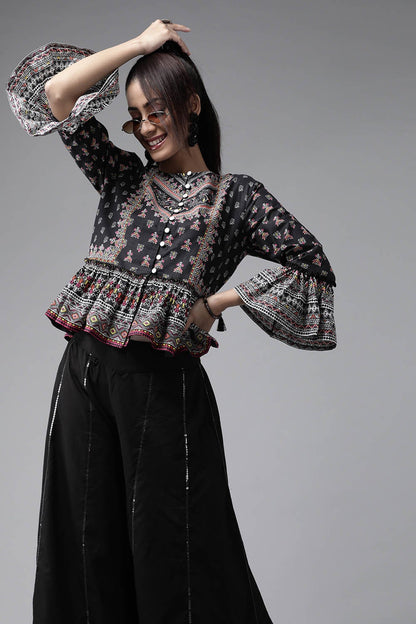 Black Cambric Printed Peplum Clothing Set