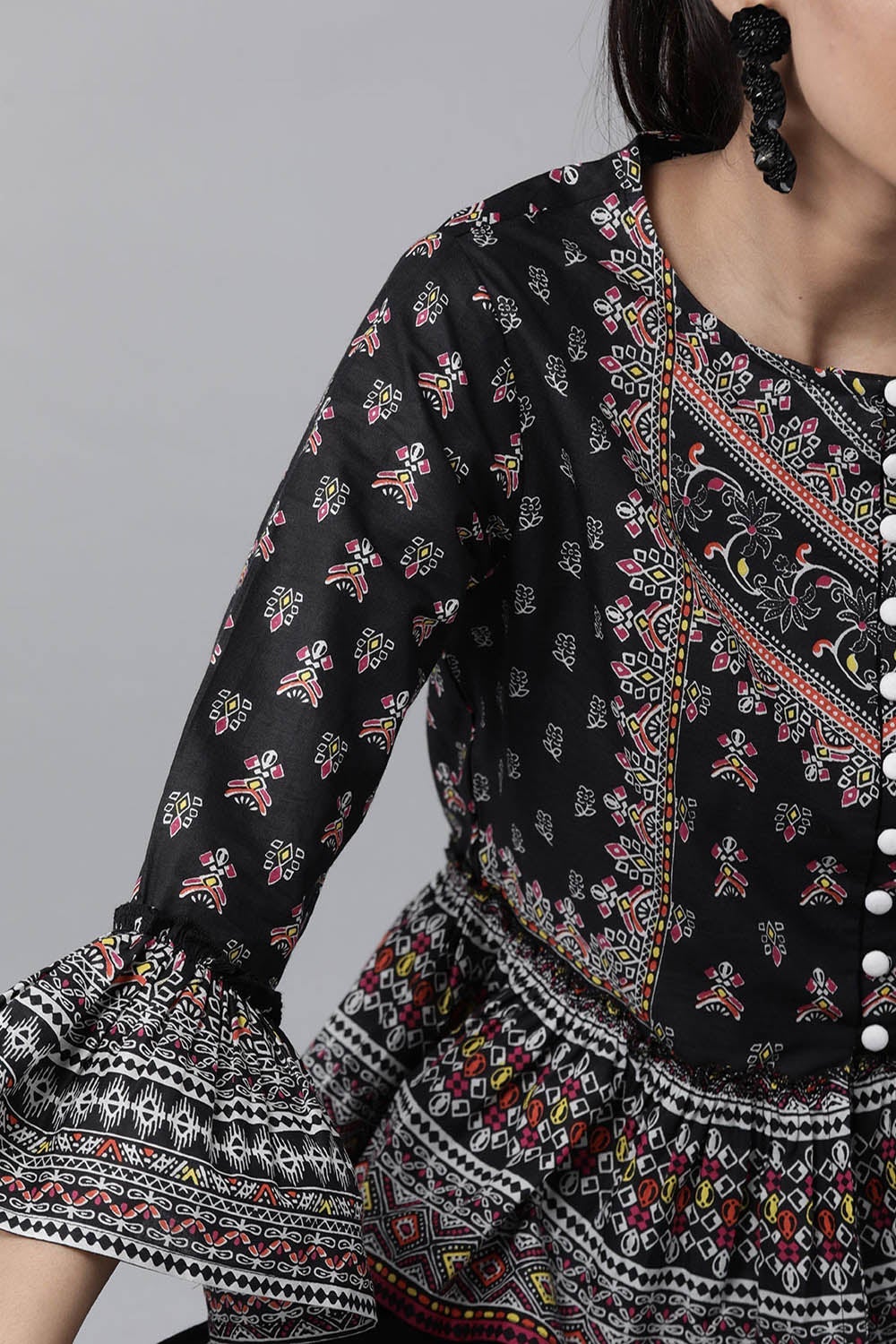 Black Cambric Printed Peplum Clothing Set