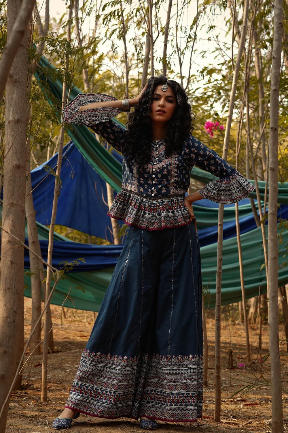 Indigo Cambric Printed Peplum Clothing Set