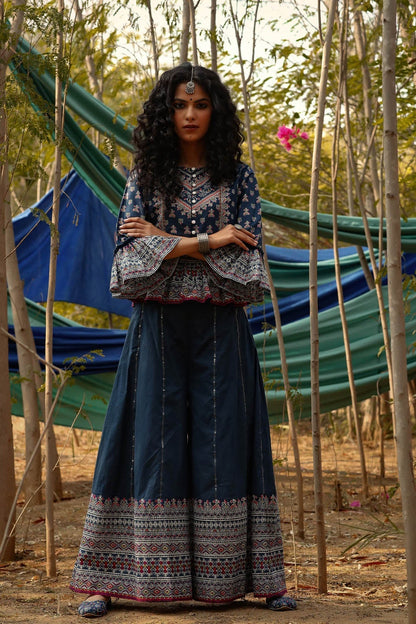 Indigo Cambric Printed Peplum Clothing Set