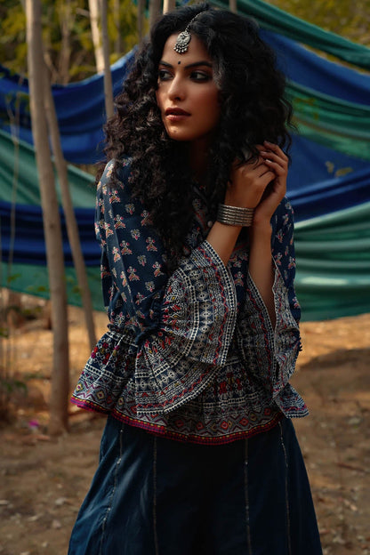 Indigo Cambric Printed Peplum Clothing Set