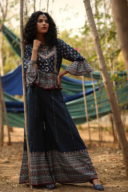 Indigo Cambric Printed Peplum Clothing Set