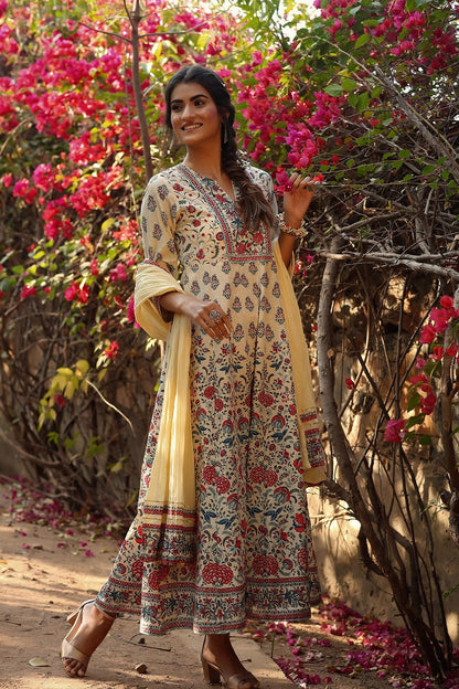 Beige Cambric Printed Flared Dress