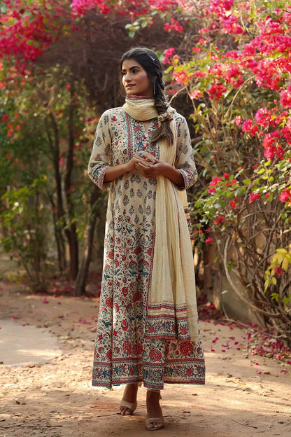 Beige Cambric Printed Flared Dress