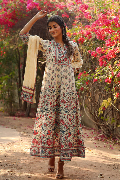 Beige Cambric Printed Flared Dress