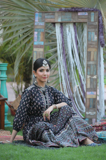 Black Cambric Printed Tiered Dress