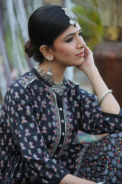 Black Cambric Printed Tiered Dress