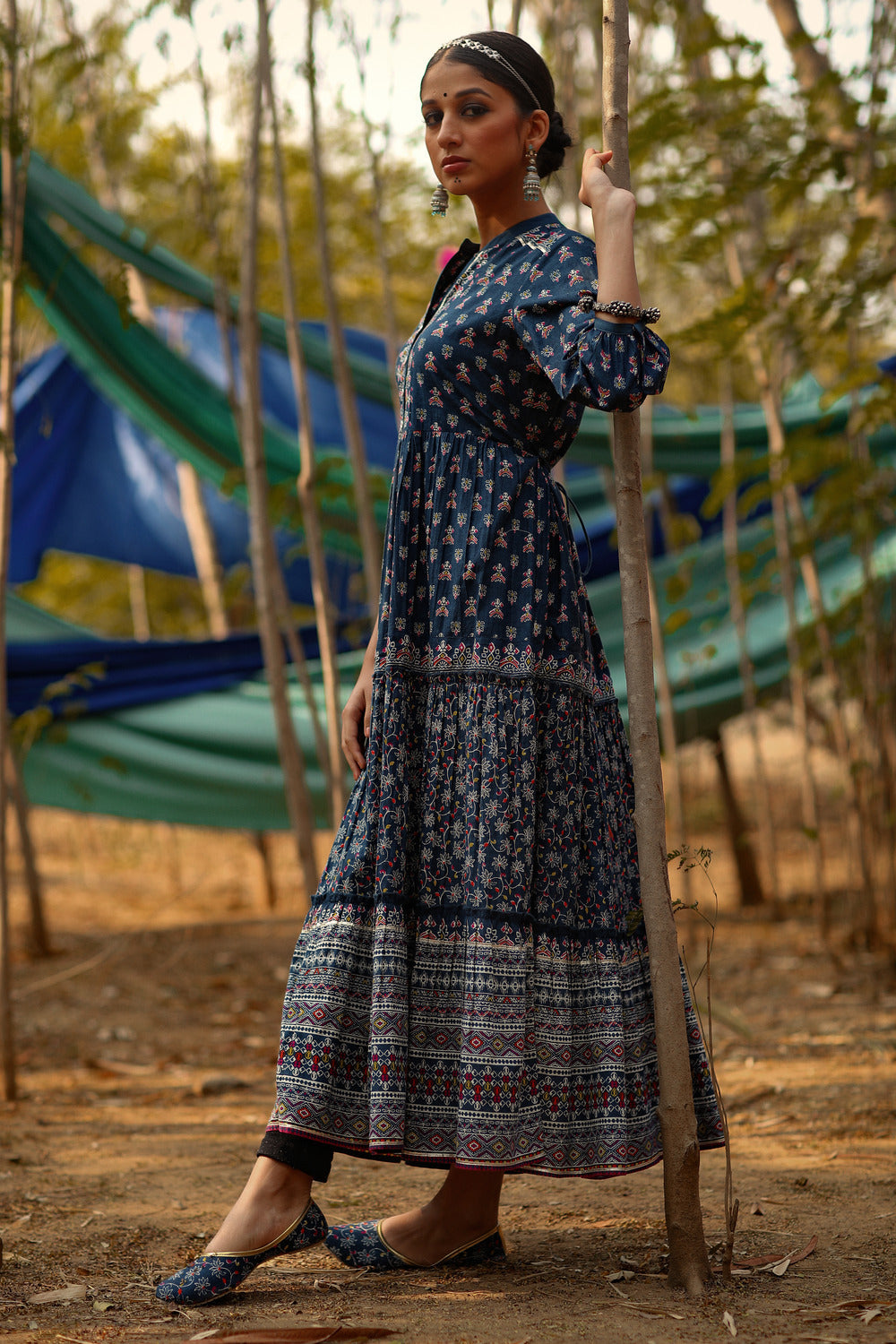 Indigo Cambric Printed Tiered Dress