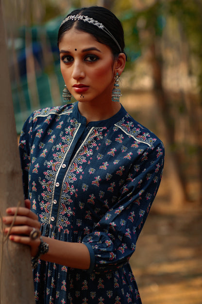 Indigo Cambric Printed Tiered Dress