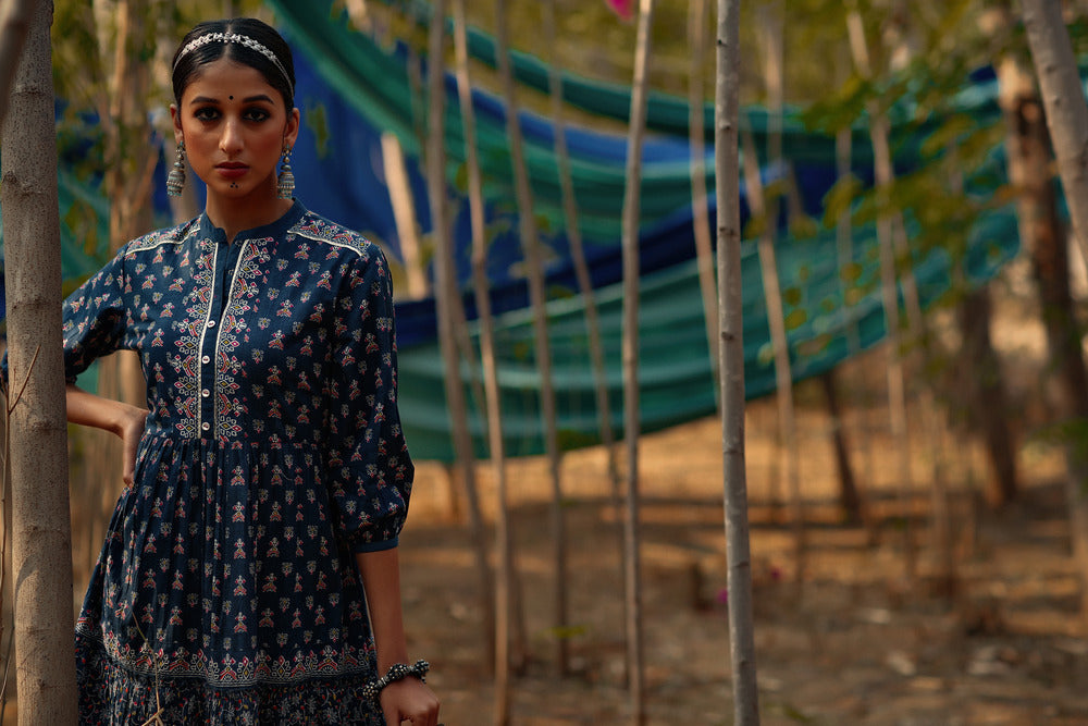 Indigo Cambric Printed Tiered Dress