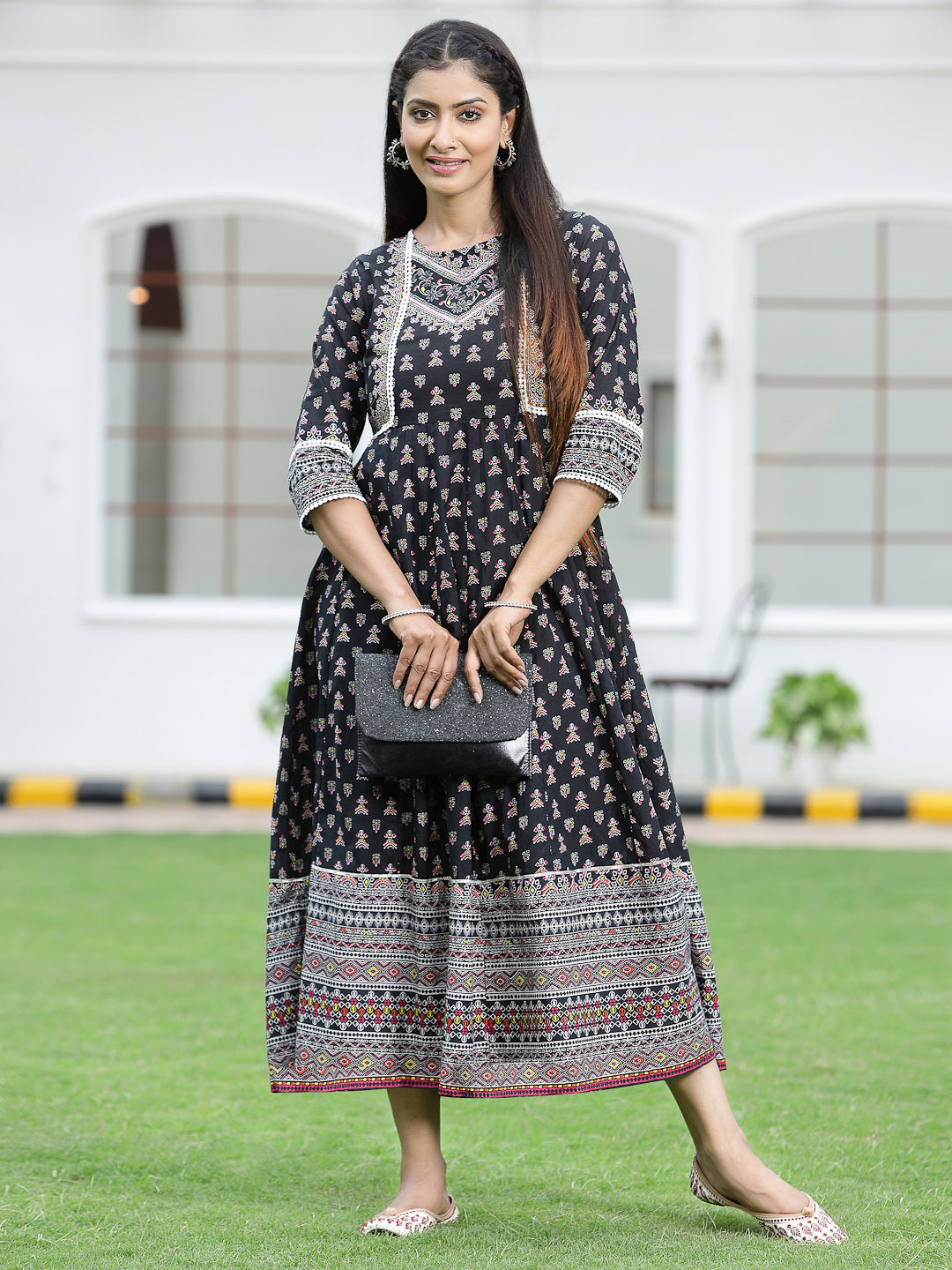 Black Cambric Printed Anarkali Dress