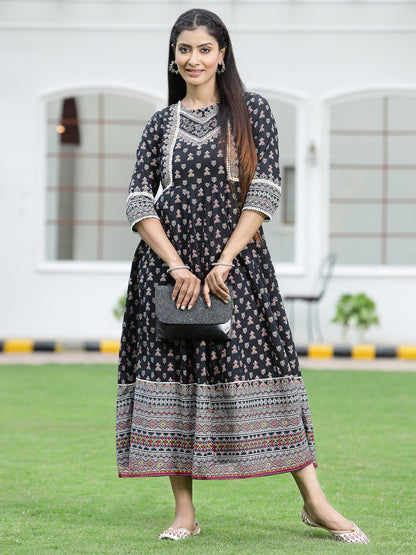 Black Cambric Printed Anarkali Dress