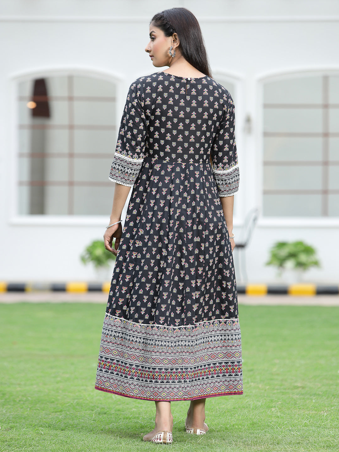 Black Cambric Printed Anarkali Dress